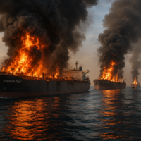 Tankers ablaze in the Persian Gulf